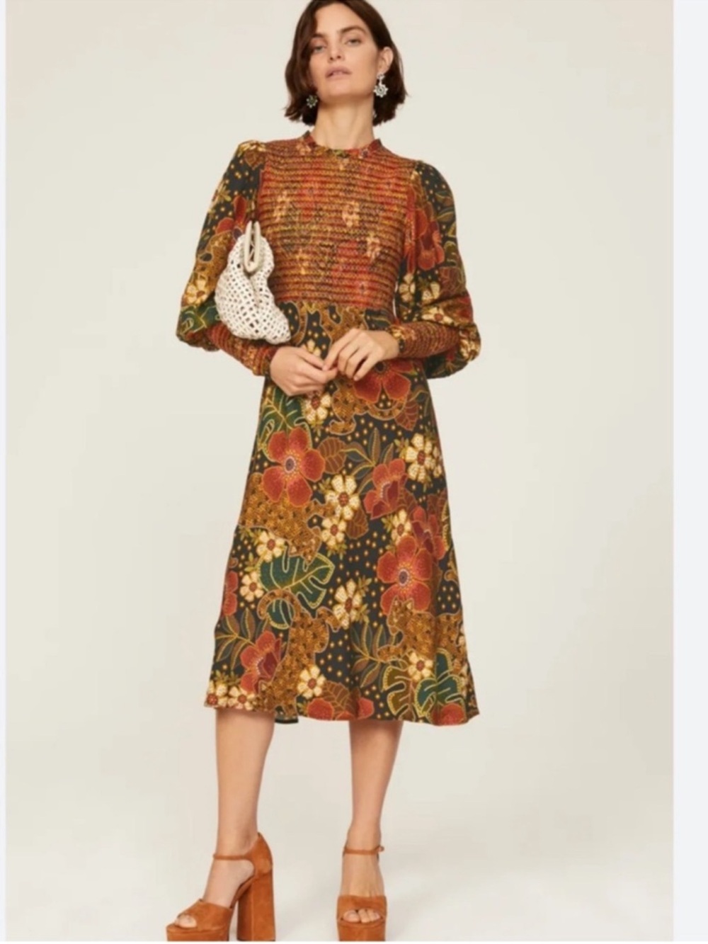 Farm Rio Flowered Leopards Long Sleeve Midi Dress Size Small